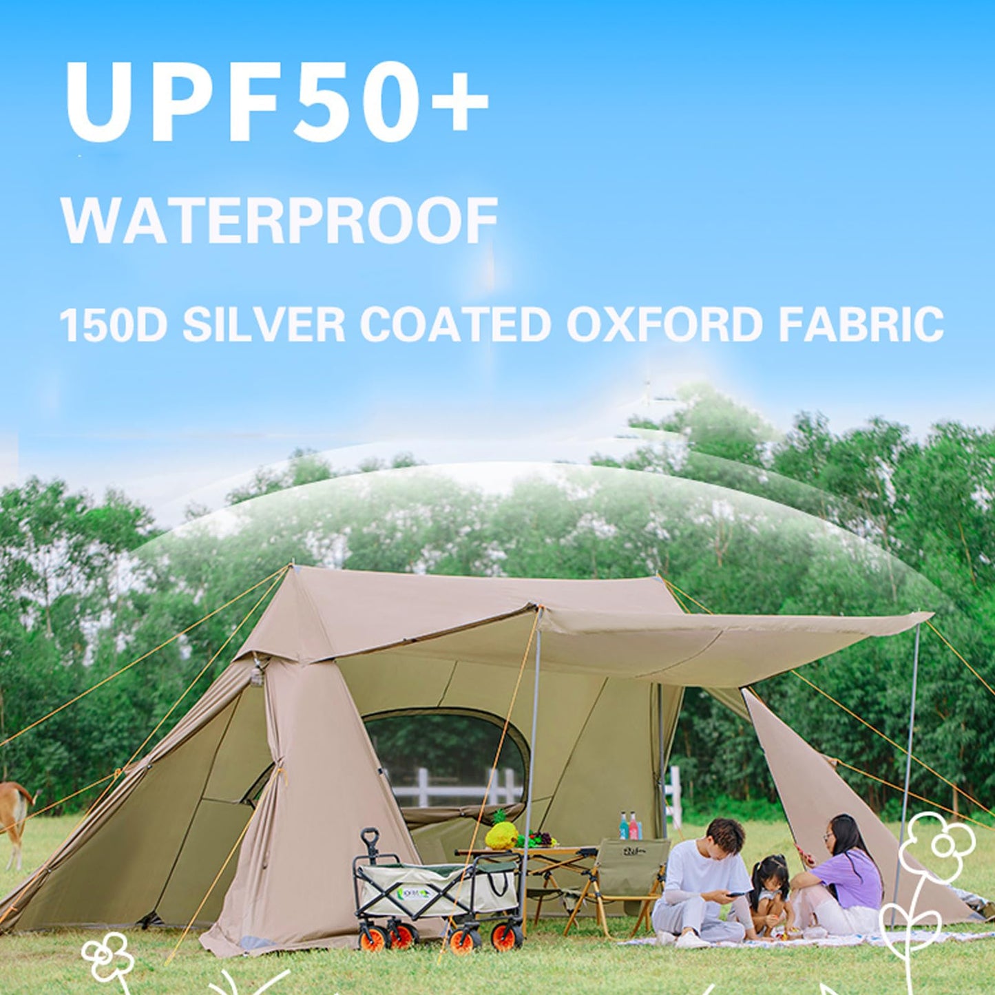 Canopy 19*11.8ft Instant Camping Tent, Large Shade Canopy with Mesh Window Fully Waterproof, Anti-UV ,Outdoor Party Canopies with Stakes, Ropes Khaki