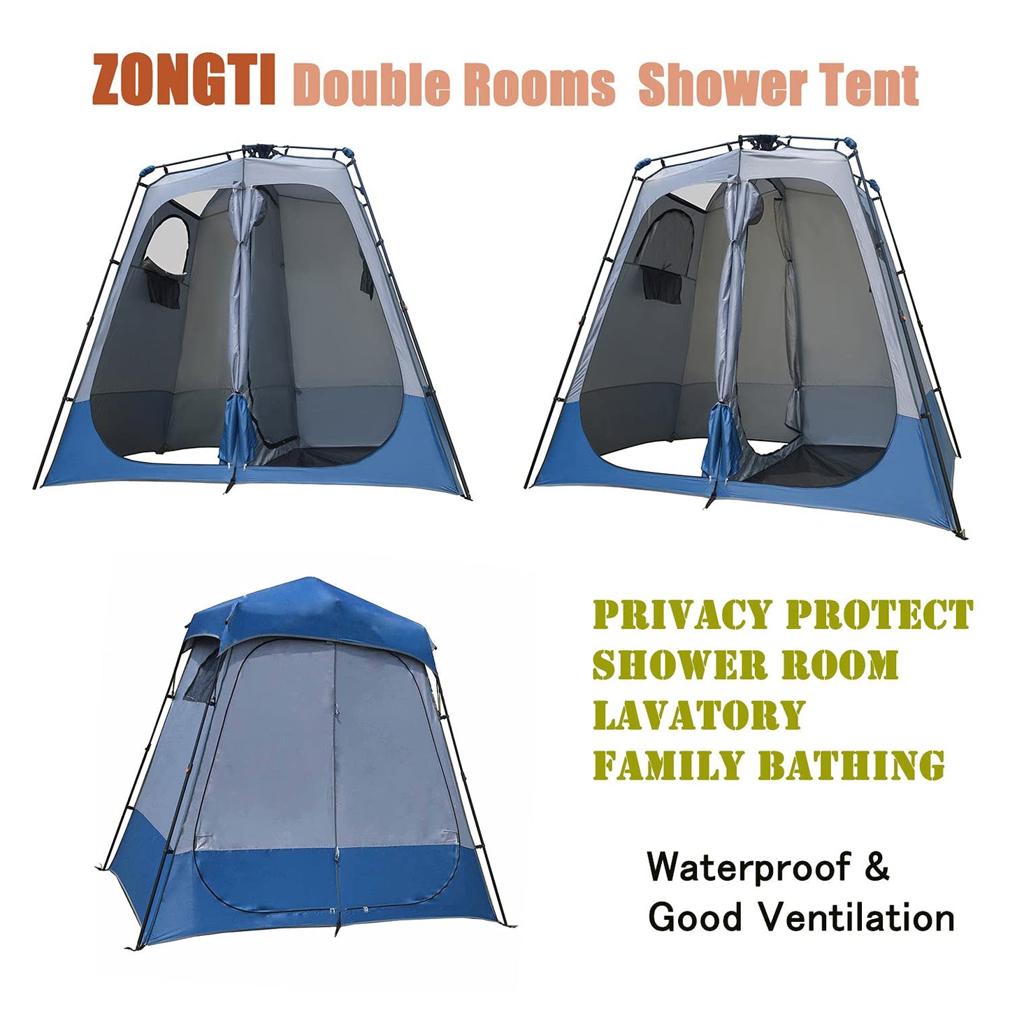 MOQI POP-UP Double Shower Tents/Ensuite/Twin Shower Tent/Portable 2 Rooms Camping Shower Tent,One Bathing Room and One Lavatory,Easy Set Up Privacy Shelter Dressing Room/Changing Room/Toilet Tent