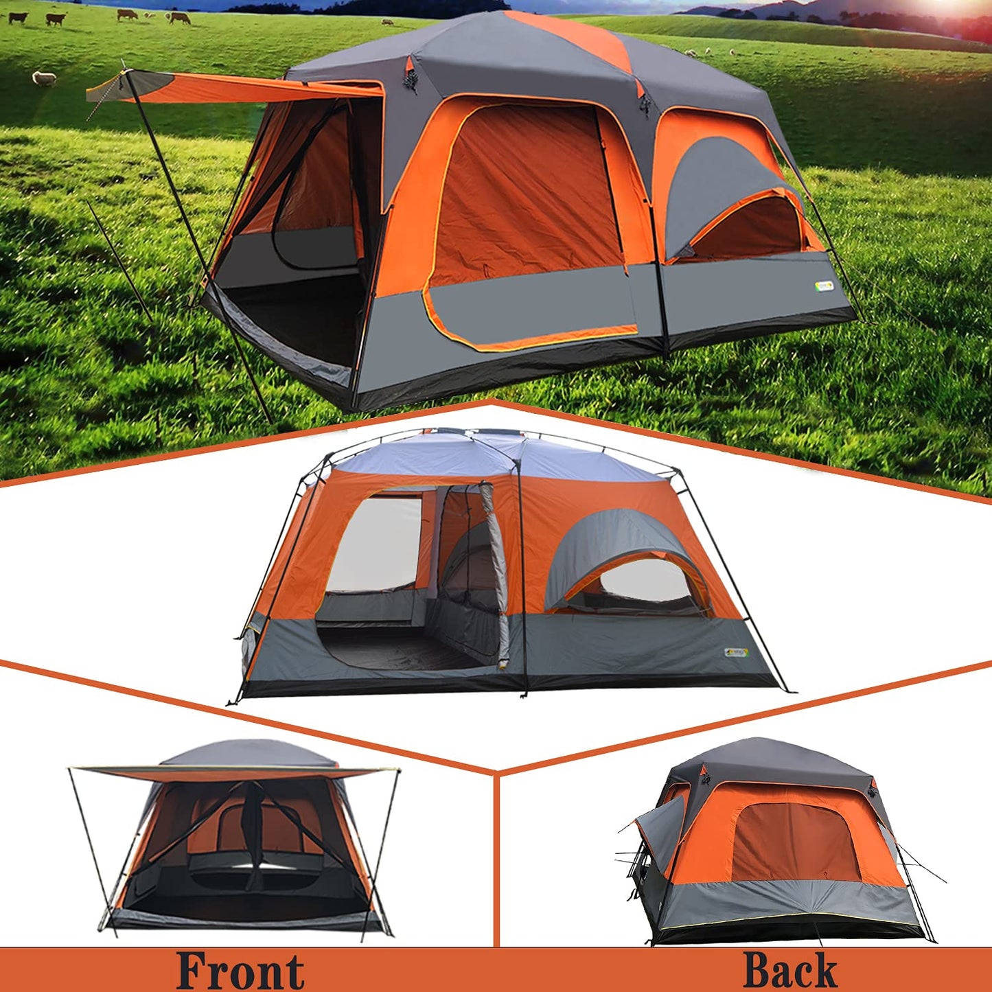 MOQI Luxurious Cabin Tent for 8/10/12 Person,3 Screen Rooms with High-Tech Rainproof Music Festival Tent,Well-Ventilated 2 Bedrooms and a Hall Family Tent for Picnic Parties and Camping