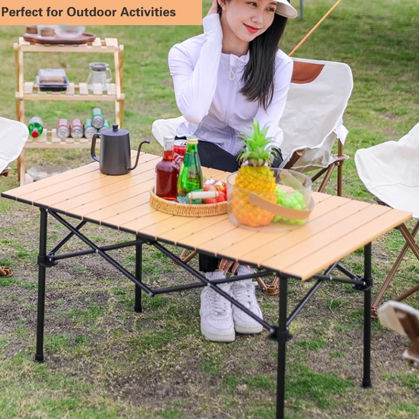 MOQI Camping Table, Lightweight Aluminum Roll Up Table Folding Rectangular Table 4 People Portable Picnic Beach Table with Carry Bag for Outdoor, Backyards, BBQ Party, Garden, Wooden Color